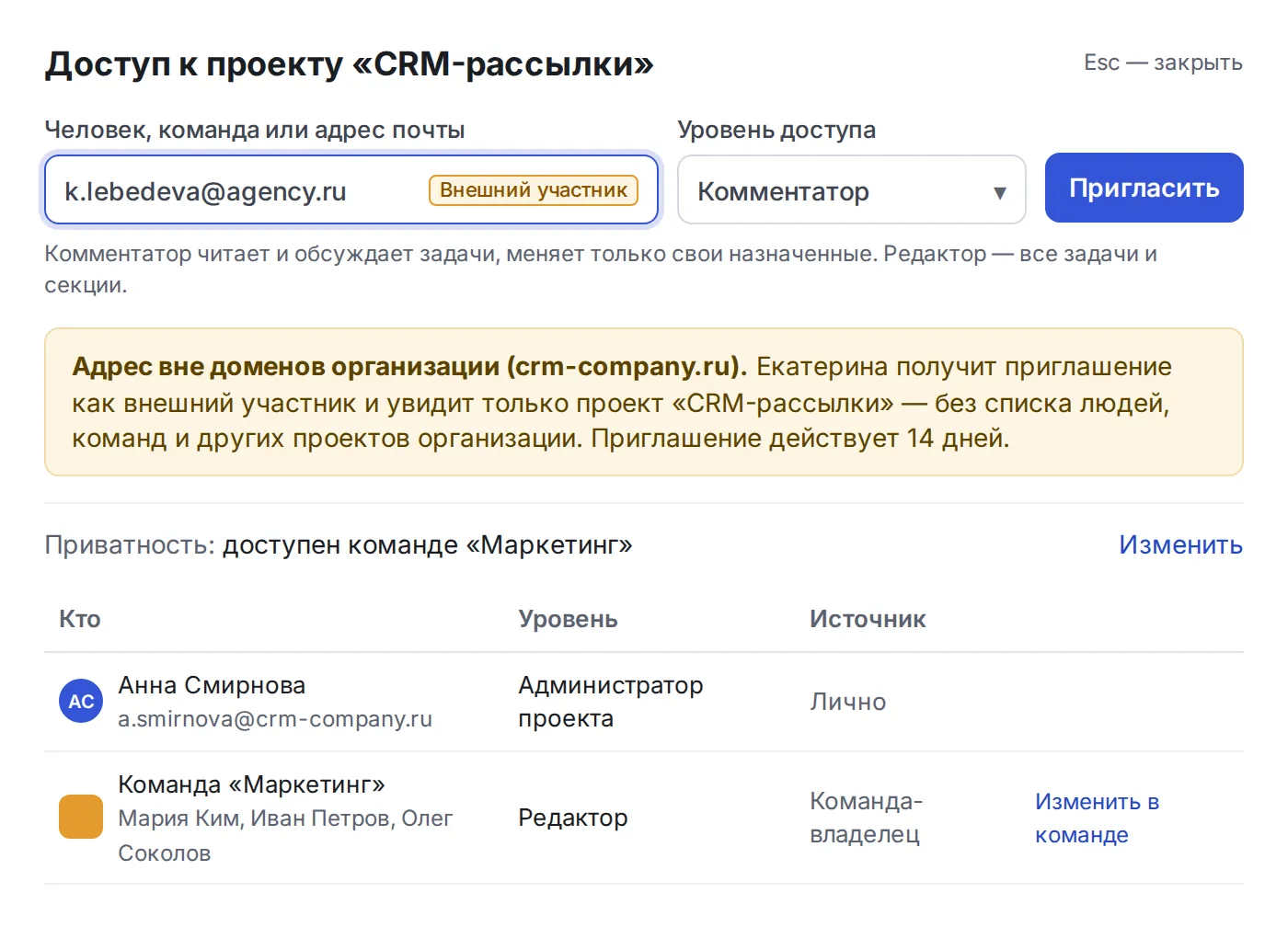 Окно «Доступ к проекту»: приглашение адреса из другого домена с отметкой «Внешний участник» и уровнем «Комментатор», ниже — кто уже имеет доступ и с каким уровнем